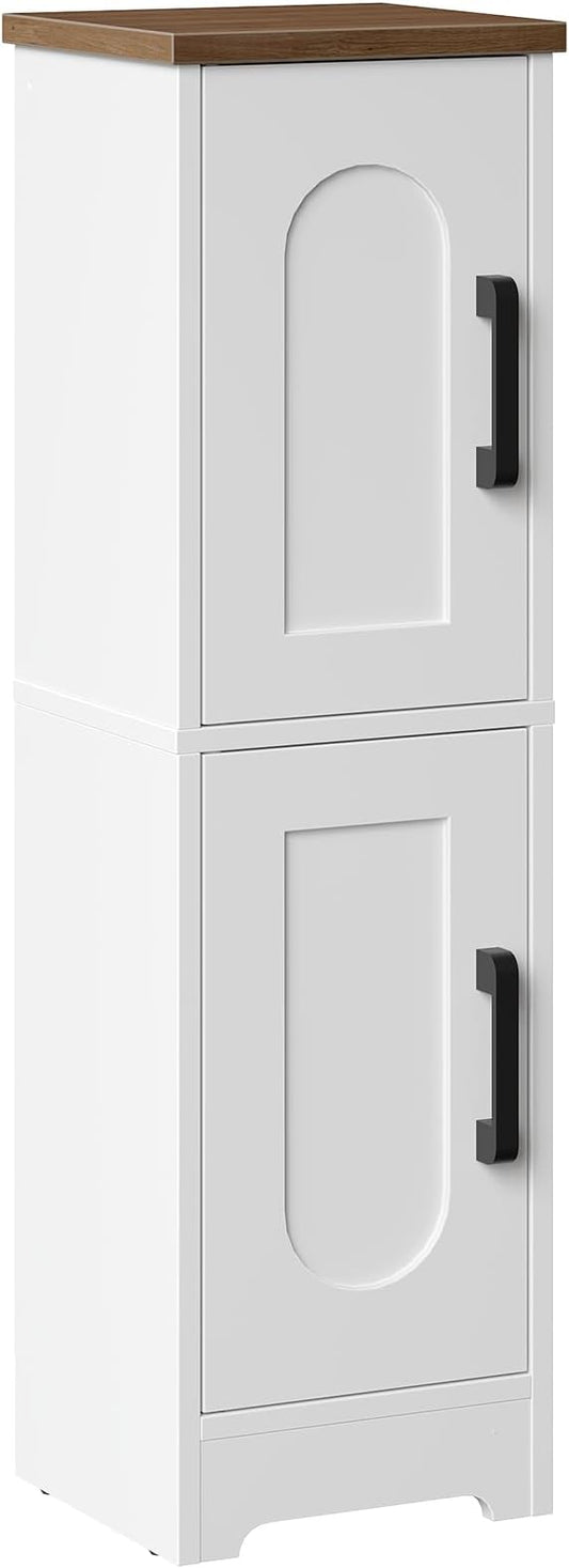 HOOBRO Small Bathroom Storage Cabinet, Farmhouse Corner Floor Storage Cabinet with 2 Doors and Adjustable Shelves, Toilet Paper Cabinet for Small Spaces, 8.3" D x 8.3" W x 30.7" H, White and Walnut