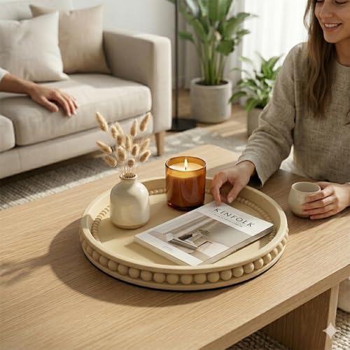 Round Solid Concrete Tray, Fluted Centerpiece for Coffee Table Decor 11"