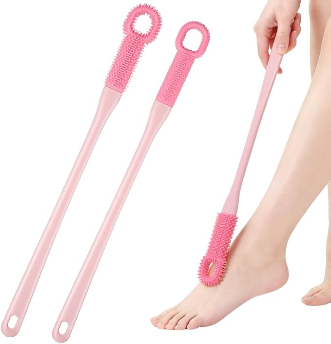 2 Pack Foot Brush in Shower, Extended Handle Foot Scrubber, Soft Rubber for Cleaning Dead Skin, Dense Foam Toe Cleaning with Hanging Storage,Scrub Brush for Senior, Pregnant, Men, Women(Pink)