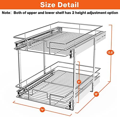 ROOMTEC Individual Pull Out Cabinet Organizer (14" W x 18" D), 2 Tier Spice Rack Organizer for Cabinet, Slide Out Drawer Pantry Shelf Organization and Storage for Kitchen Bathroom