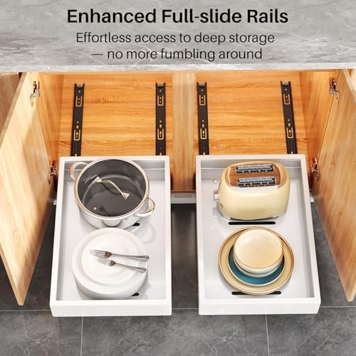Pull out Cabinet Organizer, 21"Deep, 11.8"Wide Full-Extension Heavy Duty Slide out Drawers with Nano Adhesive, Roll Out Shelves Sliding Cabinet for Kitchen, Bathroom, Pantry,Under Sink Storage(White)