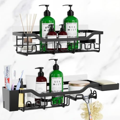 Shower Caddy Adhesive Bathroom Shelf, 2-Pack Rustproof Shower Organizer, Wall Mounted Shelves for Large Storage with Soap and Toothbrush Holder