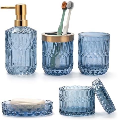 IVAILEX 5PCS Blue Glass Bathroom Accessories Sets of Lotion Dispenser, Soap Dish, Toothbrush Holder, Tumbler, Cotton Swab Jars, Modern Bath Decor, Vintage Gift
