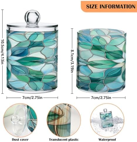 senya Clear Plastic Jars Cotton Swabs Cans, Turquoise Flower Pattern Bathroom Canisters Storage Organizer with Lids 2PCs Set for Cotton Ball, Cotton Swab, flossers, Hair Bands