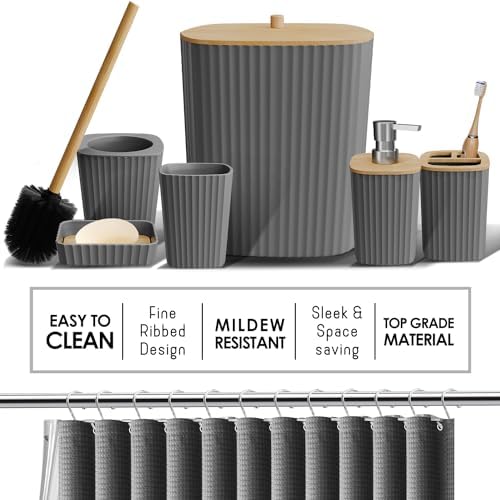 Clara Clark Bathroom Accessories Set - 27PC Bathroom Set with Adhesive Corner Shower Caddy Hanging, Bathroom Sets with Shower Curtain and Rugs, Ombre Grey Shower Curtain Set with Bathroom Trash Can