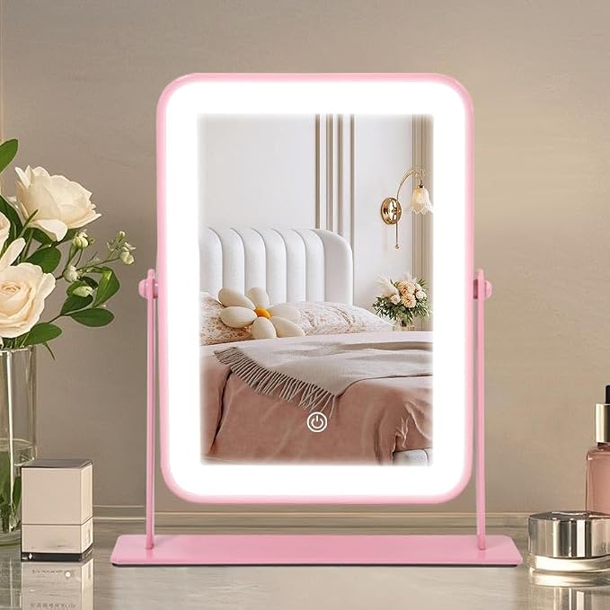 YEKKOPT Portable Desk Vanity Mirror with Lights,11"×9" Small Pink Rechargeable Makeup Mirror with Lights,Smart Touch Screen with 3-Color Lighting,Dimmable,for Dorm Tabletop,Bedroom,Decor