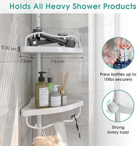 Corner Shower Caddy:125" Adjustable Inside Tension Shower Organizer Tension Pole,Rustproof Bathroom Organizer Shelves for Bathtub Shampoo Conditioner Storage,Floor to Ceiling Standing Showering Rack