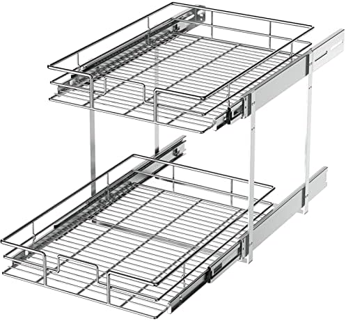 LOVMOR 2 Tier Individual Pull Out Cabinet Organizer 14" W x 21" D, Slide Out Kitchen Cabinet Storage Sliding Shelves