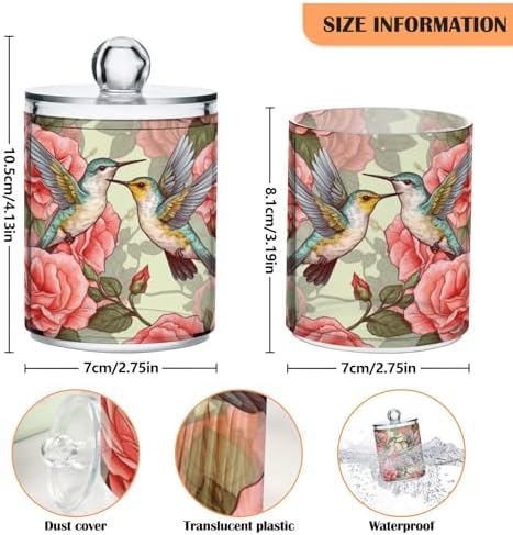 MNSRUU 4 Pack Qtip Holder Organizer Dispenser Flowers and Hummingbirds Pink Bathroom Storage Canister Cotton Ball Holder Bathroom Containers for Cotton Swabs/Pads/Floss