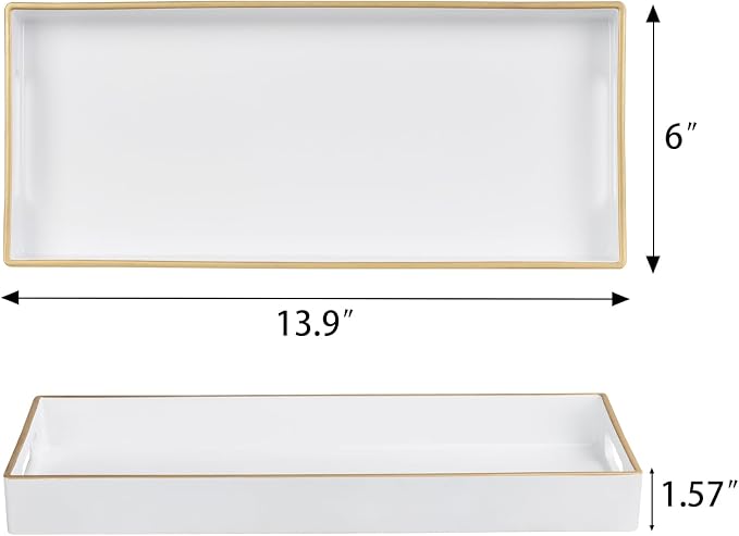 MAONAME White Vanity Tray Set of 2, Plastic Decorative Tray with Handles, Long Narrow Trays, Rectangular Bathroom Trays for Toilet Tank, 13.8" X 6" X 1.57"