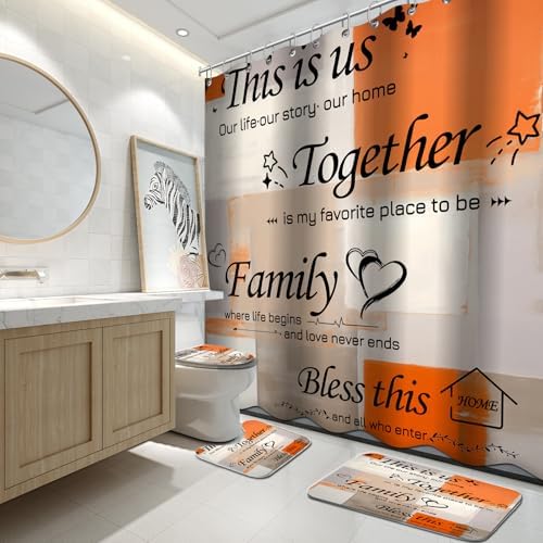 Lnond 4Pcs Shower Curtain Set with Toilet Lid Cover and Non-Slip Rugs for Bathroom,Orange Abstract Motivational Bathroom Sets with Shower Curtain and Rugs