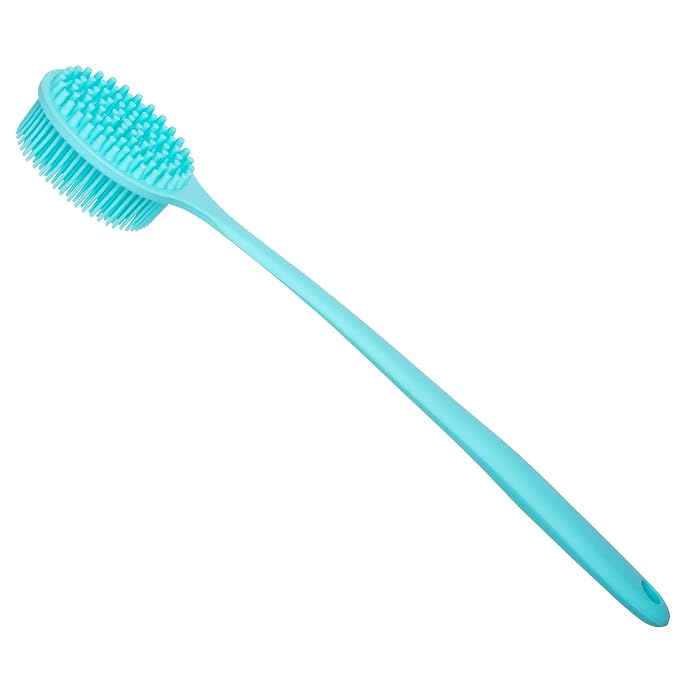 DNC Silicone Back Scrubber for Shower, Soft Bath Body Brush with Long Handle (Blue)