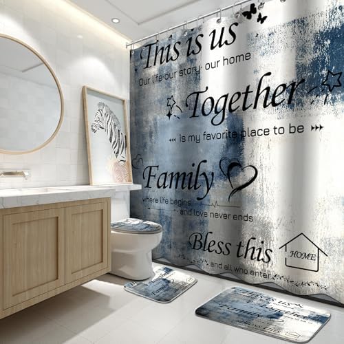 Lnond 4Pcs Shower Curtain Set with Toilet Lid Cover and Non-Slip Rugs for Bathroom,Navy Blue and White Abstract Motivational Bathroom Sets with Shower Curtain and Rugs
