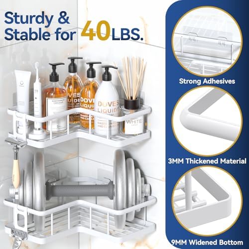 YASONIC Corner Shower Caddy Adhesive, 100% Rustproof Shower Organizer, No Drill Shower Shelf for Inside Shower, Wall-Mounted Shower Storage for Homes (2 Pack, White)