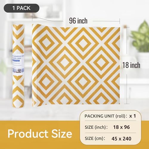 FIFTY FEET 18"x96" Non-Adhesive Shelf Liner for Kitchen Cabinets and Drawers, Washable Non-Slip PVC Cabinet Liner (Yellow Plaid)(1 Roll)