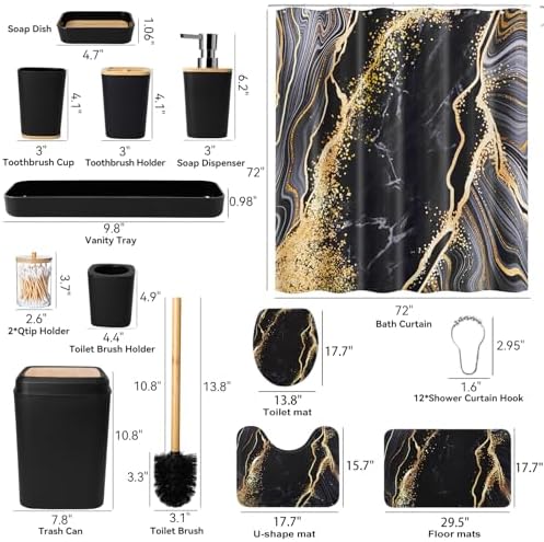 XLHOMO Bathroom Set Bathroom Sets with Shower Curtain and Rugs,Black Bathroom Accessories Set Waterproof Black and Gold Shower Curtain Set