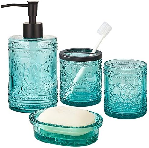 4PCs Teal Blue Glass Bathroom Accessories Set with Decorative Pressed Pattern - Includes Hand Soap Dispenser & Tumbler & Soap Dish & Toothbrush Holder (Bathroom Accessories Blue)