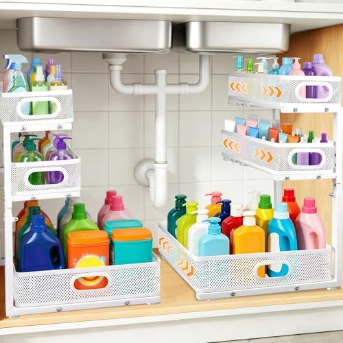 3 Tier Adjustable Under Sink Organizer for Bathroom & Kitchen(2Pack, White)