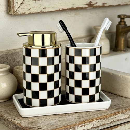 Black Gold Checkered Bathroom Accessories Set - Ceramic Soap Dispenser and Toothbrush Holder with Tray, Modern Black White Decor Lotion Dispenser for Bathrooms Kitchen Guest Room, Housewarming Gift