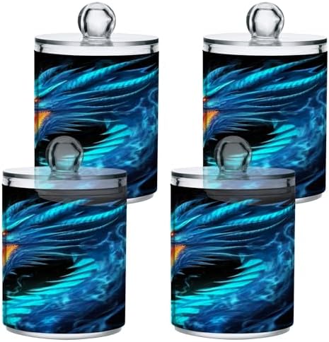 Blueangle 4 Pack Blue Dragon Qtip Holder Dispenser for Cotton Ball, Cotton Swab - Plastic Apothecary Jar Set for Bathroom Canister Storage Organization（900）
