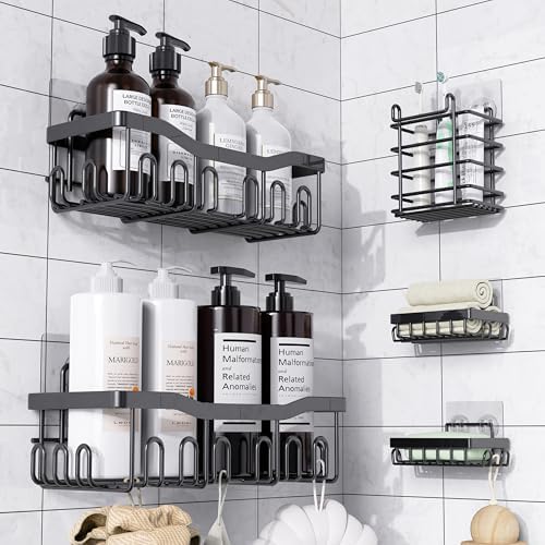 Shower Caddy 5 Pack Rustproof Stainless Steel Bath Organizers With Large Capacity, No Drilling Shelves, Adhesive Shower Caddy, for Bathroom Storage & Home Decor, SC02, Black