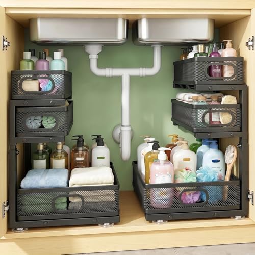 Under Sink Organizer, 2-Pack 3-tier Under Sink Storage Organizer Adjustable Height Easy Assembly Pull Out Cabinet Organizers Basket for Bathroom Kitchen Pantry Home Organization