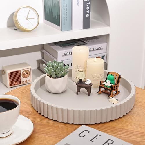 100% Concrete Round Decorative Tray for Coffee Table, 10.8 Inch, White