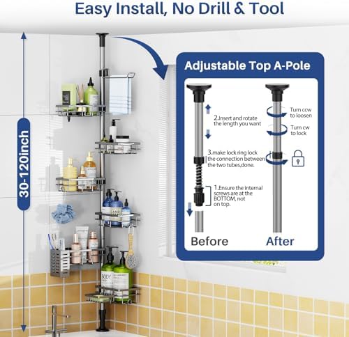 Corner Shower Caddy Organizer Tension Pole, Adjustable 6 Shower Shelves Corner Shelf 30-120Inch Rustproof Shower Rack for Inside Shower, Extra Towel Bar Soap Dish Bathroom Organizers and Storage Gray