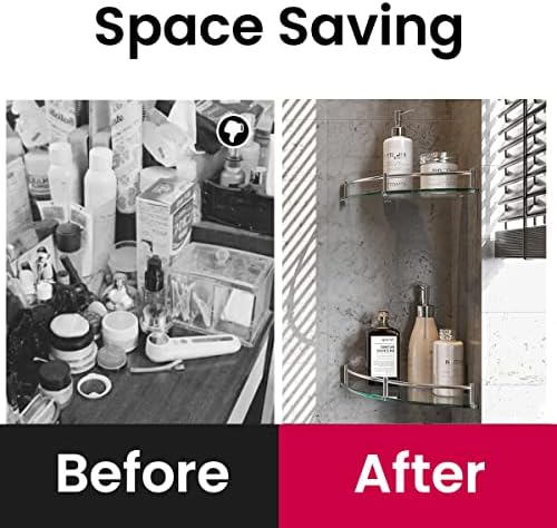 Glass Corner Shelves Tempered Bathroom Eestantes para Baños with Rail Wall Mounted Drill Hole for Corner Shower Shelf for Inside Shower 2 Pack（Sliver）