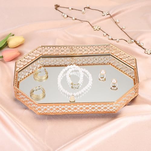 Hipiwe Gold Glass Perfume Tray for Dresser Bathroom Makeup Vanity Trays
