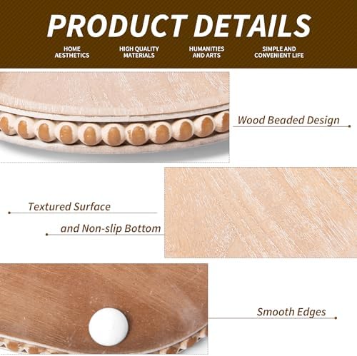 HPC Decor 15in Oval Tray for Home Decor - Brown Wood Beaded Tray - Decorative Serving Tray,Rustic Farmhouse Wooden Trays for Vintage Centerpiece,Kitchen Counter,Living Room Decor,Coffee Table Decor.