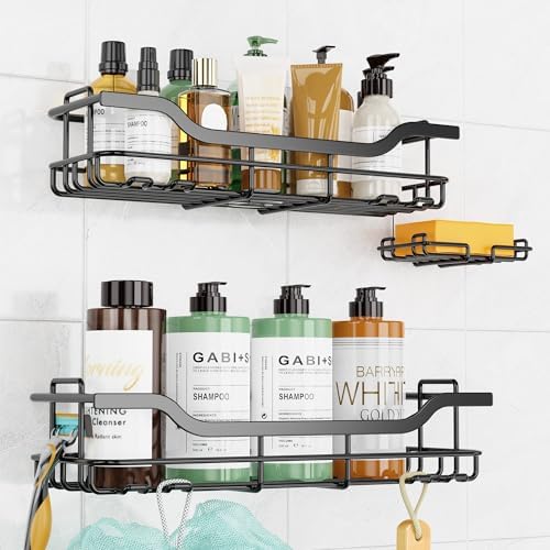 OMAIRA 3-Pack Shower Caddy with Soap Holder, Adhesive Rustproof No-drill Strudy Loading Inside Shower Organizer Shelves Rack Storage Bathroom Organization for Smooth Wall Glass Tile, Black (X-Large)