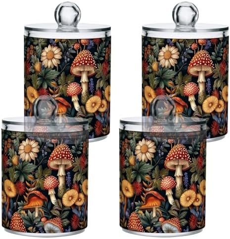 4 Pack Retro Mushrooms and Flowers Qtip Dispenser 10 Oz Clear Apothecary Plastic Jars Bathroom Storage Containers for Cotton Ball, Swab, Floss, Makeup Sponges, Hair Clip