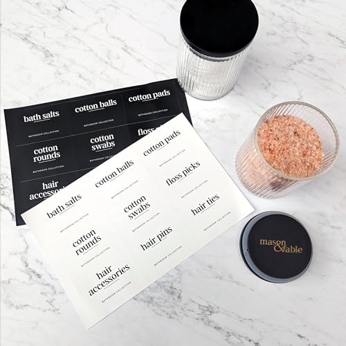 Mason & Fable Ribbed Glass Bathroom Jars with Black Bamboo Lids | Cotton Pad / Swab / Q tip | Bath Salt / Clear Vanity Apothecary Storage Canister Organizer-10fl.oz, Set of 2