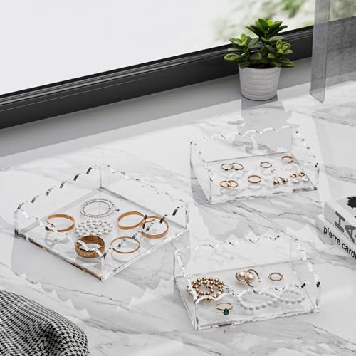 Scalloped Acrylic Tray 2 Pack, Clear Acrylic Decorative Tray for Vanity Jewelry Display, Countertop Organizer Tray for Perfume Makeup, 7 x 5 Inch 8 x 8 Inch Acrylic Organizer for Bathroom Home Decor
