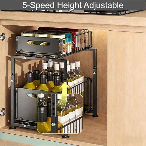 Under Sink Organizer, 2-Tier Multi-Use Kitchen and Bathroom Organizers and Storage, Slide Out Thickened Metal Under The Sink Organizer for Kitchen Bathroom Pantry (Style A White, 2 Pack)