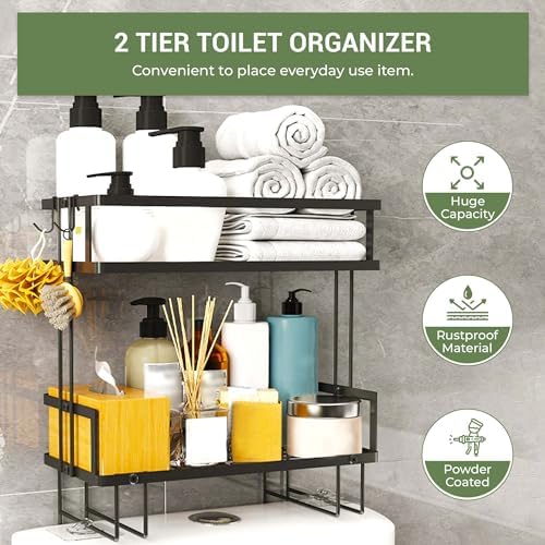 DINEST 2 Tier Over the Toilet Storage Shelf Rack Organizer, Sturdy Bathroom Organizer Shelves, Space Saver Multifunctional Wall Mounted Design, No Drilling Anti-Rust Bathroom - Black