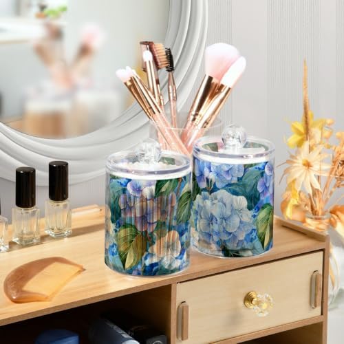 Fustylead 4 Pack Vibrant Watercolor Blue Hydrangea and Leaves Qtip Holder Dispensers, Plastic Apothecary Jar Bathroom Accessories Set for Cotton Ball, Swab, Round Pads, Floss