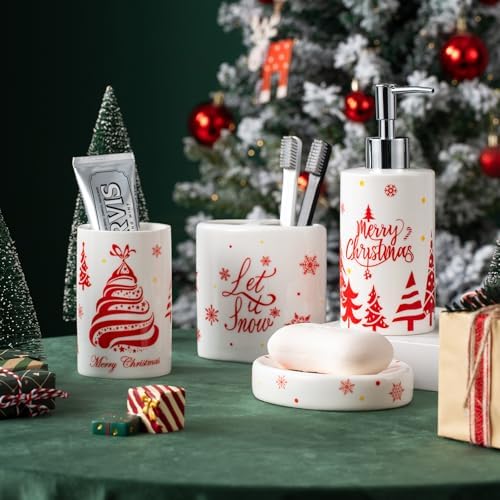 Christmas Bathroom Accessories Set, 4-Piece Ceramic Bathroom Accessory Set Include Lotion Dispenser, Toothbrush Holder Tumbler, and Soap Dish (White)
