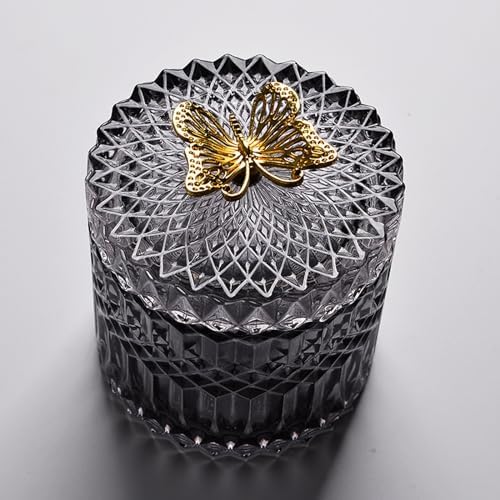 Glass Jewelry Jar with Lid, Cotton Swab Qtips Holder Dispenser Glass Candy Buffet Jar Small Glass Storage Jar Cute Butterfly Lids,Pink,Big, 22000015-PINK-BIG