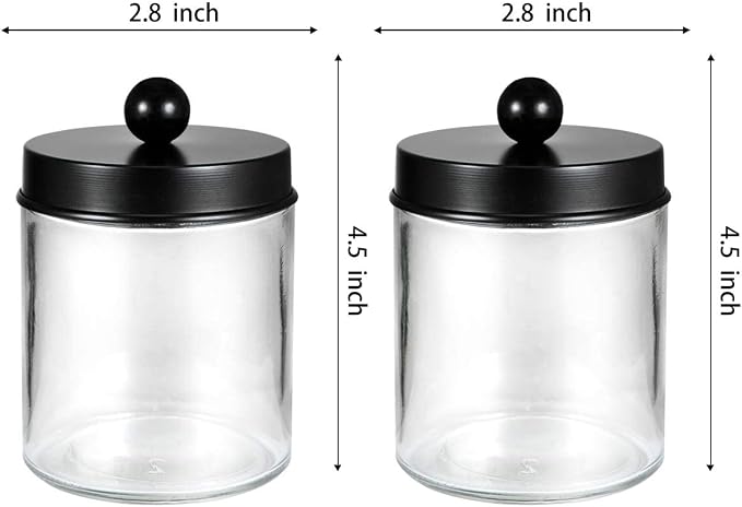 Amolliar Apothecary Jars Bathroom Storage Organizer - Cute Qtip Dispenser Holder Vanity Canister Jar Glass with Lid for Cotton Swabs,Rounds,Bath Salts,Makeup Sponges,Hair Accessories/Black（2 Pack）