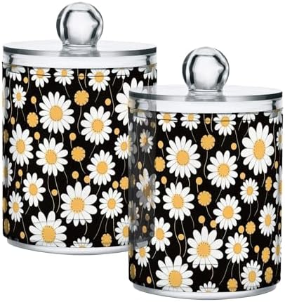 Yellow and White Daisy Flowers Qtip Holder Dispenser Set of 2, Clear Apothecary Plastic Jars Bathroom Storage Containers for Cotton Pads, Cotton Ball, Cotton Swabs, Floss Picks 10 Oz