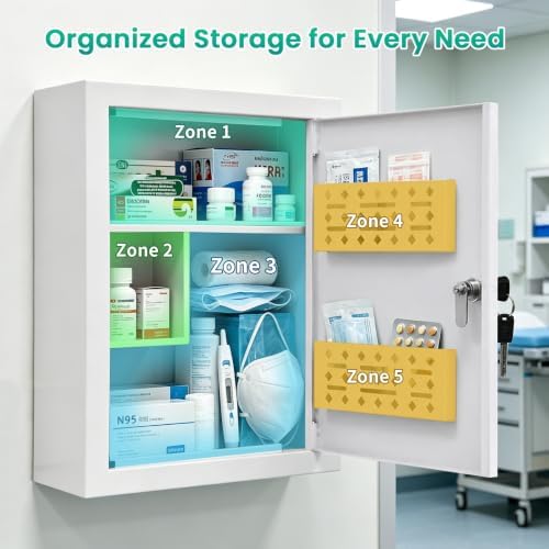 Metal Locking Wall-mounted Medicine Cabinet, Bathroom Medicine Cabinet Organizer with 3 Compartments & 2 Door Storage Bins, First Aid Cabinet for Home Bathroom Office, Weekly Pill Organizer Included