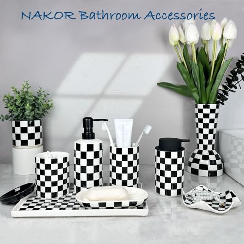 Bathroom Toothbrush Holder Set, Ceramic Soap Dispenser and Tooth Brush Holder Set, Bathroom Accessories Sets Countertop, Black and White Checkered Bathroom Decor Set