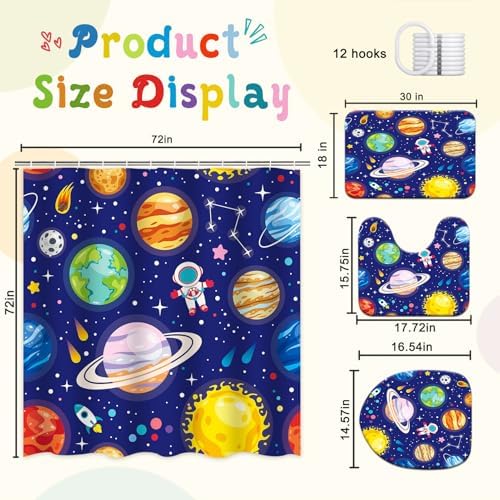 4 Pcs Kids Bathroom Set Cartoon Outer Space Shower Curtain Sets with Non-Slip Rugs Toilet Lid Cover and Bath Mat Set, Kids Boy Bathroom Decor with 12 Hooks