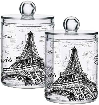 Apothecary Jars Bathroom Storage Organizer with Lid - 14 oz Qtip Holder Dispenser, Paris Eiffel Tower Clear Plastic Canister for Cotton Swab, Cotton Ball, 2PCS