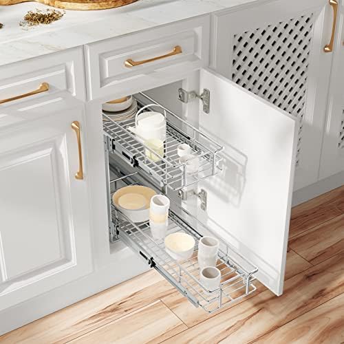 ROOMTEC Individual Pull Out Cabinet Organizer (5½"W x 21½"D), 2 Tier Spice Rack Organizer for Cabinet, Slide Out Drawer Pantry Shelf Organization and Storage for Kitchen Bathroom