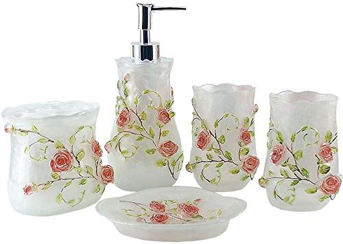 LUANT Resin 3D Roses 5PC Bathroom Accessories Set Soap Dispenser/Toothbrush Holder/Tumbler/Soap Dish (White)