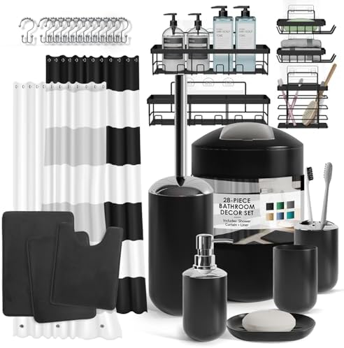 Clara Clark Bathroom Accessories Set - 28PC Bathroom Set with Adhesive Corner Shower Caddy Hanging, Bathroom Sets with Shower Curtain and Rugs, Black Shower Curtain Set with Bathroom Trash Can