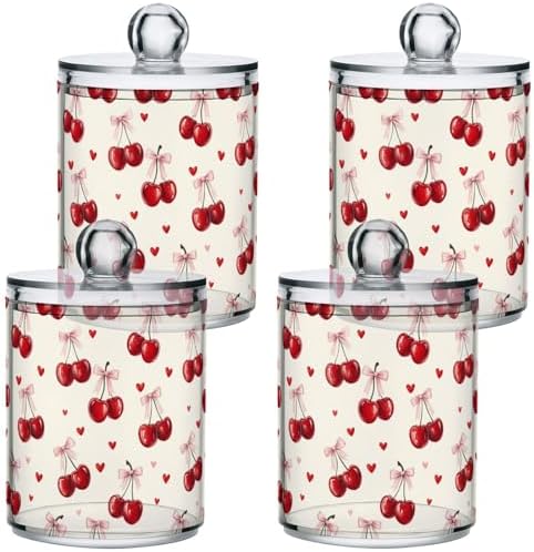 Gredecor 4 Pack Qtip Holder Clear Retro Cherry Heart Bow Apothecary Jars with Lids Acrylic Bathroom Jars Vanity Countertop Canister Storage Organizer for Cotton Ball,Swabs,Pads,Floss